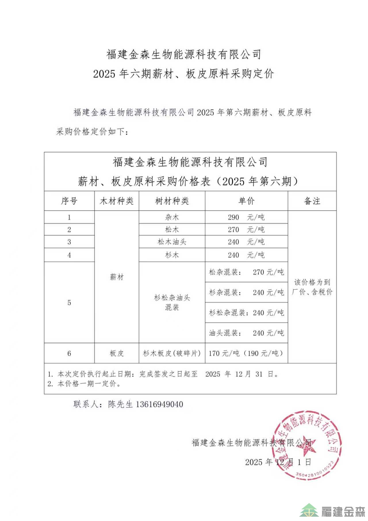 福建金森生物能源科技有限公司 2025年六期薪材、板皮原料采購定價